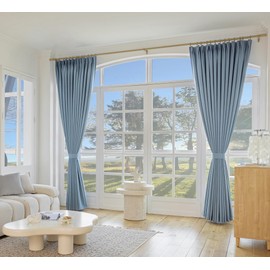 MUMFAS 84 W x 84 L Inch Full Blackout Pinch Pleat Curtain Faux Linen Waterproof Drape with Tieback&Hooks,Room Darkening Energy Saving Window Treatment for Living Room,Bedroom 1 Panel Dusty Blue