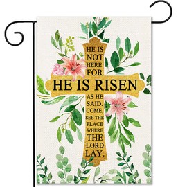 Wiipenex He is Risen Easter Garden Flag Religious Cross 12 x 18 Inch Double Sided Burlap Cross Pink Green Floral Easter Yard Flags for Outside Jesus Christian Spring Easter Outdoor Decorations