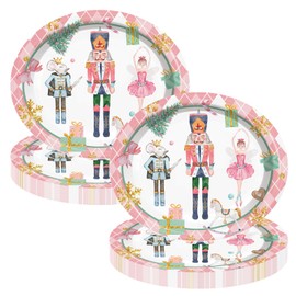 JarThenaAMCS 50 Pcs Christmas Paper Plates Pink Plaid Nutcracker Disposable Dinner Plates for Xmas Winter Party Tableware Supplies, 12 In