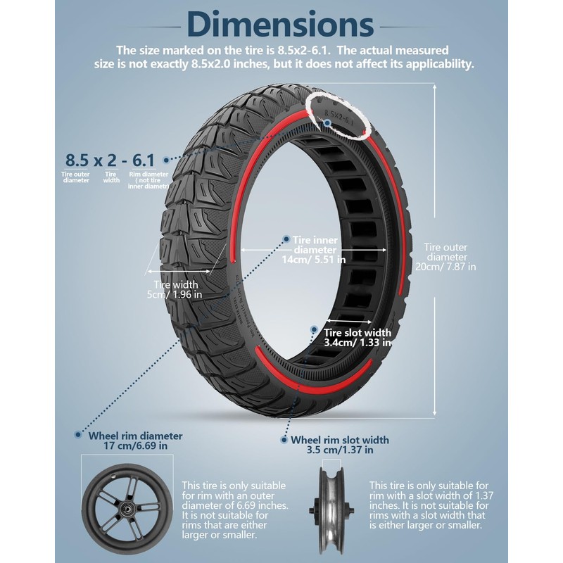 Felixstory 8.5x2.0 Inch Scooter Solid Tire, Off road, Explosion-proof,50/75-6.1 Replacement
