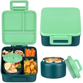 MAISON HUIS Bento Lunch Box with 8oz Soup Thermo, 5-Compartment Leak-Proof Container, Thermo Hot Food Jar and Insulated Lunch Bag, BPA Free,Travel, School (Green)