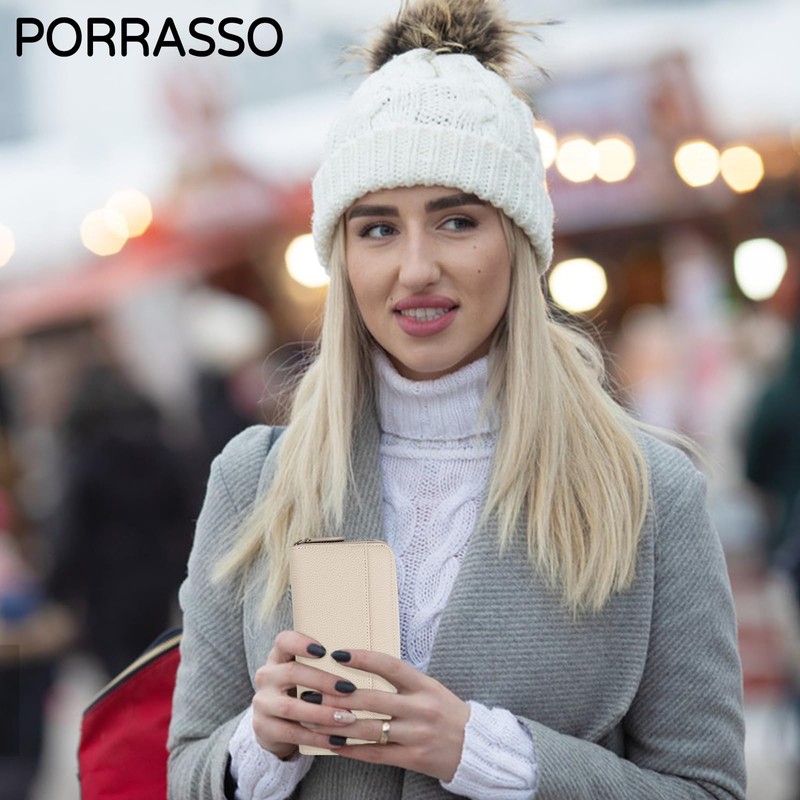 PORRASSO Women's Leather Wallet with RFID Blocking Large Purse Minimalist