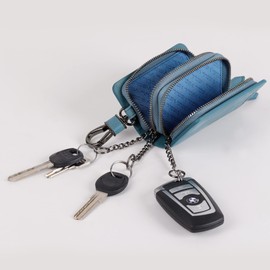 VISOUL Genuine Leather Car Key Cover Key Bag Car Key Pendant Antique Vintage Double Zip Carabia Hook Bag, blue