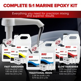 MAS Epoxies Marine Epoxy Resin Kit (38.4 Oz, Slow) 5:1 Total High Performance Resin and Hardener, Perfect for Wood, Carbon Fiber Fabric and Fiberglass Repair Kit for Boats with Cups and Pumps