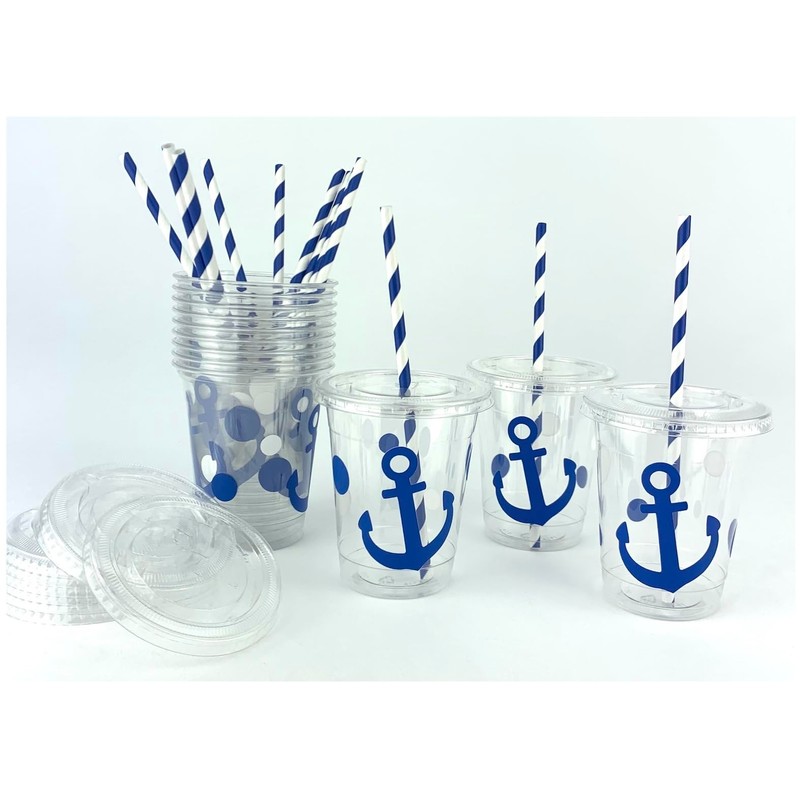 Blue Anchor Cups, Nautical Party Supplies, Plastic Disposable Cups, Slot