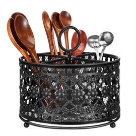 mekueeex 360° Rotating Utensil Caddy Countertop - Cutlery Silverware Caddy Holder with 4 Compartment - Higher Raised Flatware Organizer with Handle for Party Kitchen Counter Office Black