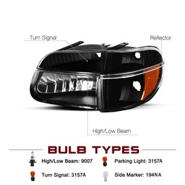 JSBOYAT Headlight Assembly Replacement for 1995-2001 Ford Explorer / 1997 Mercury Mountaineer Driver & Passenger Side w/Corner Lights 4pcs (Black Housing with Amber Reflector)