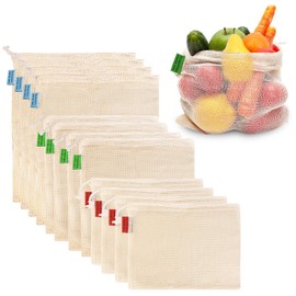 Ycsst 12 Pack Reusable Cotton Mesh Produce Bags - 100% Organic Cotton - Produce Bag - Double-Stitched - With Drawstring Produce Bag For Vegetables,Fruit & Grocery Shopping,4xS, 4xM, 4xL.