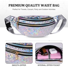 Flintronic PU Leather Fashion Waist Bag Women's Shiny Waist Bag, Festival Rave Women's Crossbody Waist Bag, Perfect for Sports Running Party Carnival (Silver Sequins)