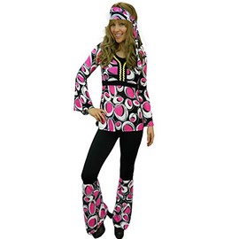 Yummy Bee Hippy Plus Size 6-18 Fancy Dress Costume 60s 70s Ladies Flower Power Hippie Adult Gogo Disco (Pink, Women: 8, M)
