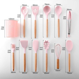 IMLUCKY 13 Piezas Utensilios de Cocina de Silicona con Mango de Madera - Juego de Utensilios de Cocina Soporte de Plástico/Turner/Batidor/Cuchara/Cepillo/Espátula/Cucharón/Pinzas (Rosa)