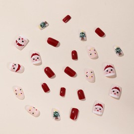 Christmas Press on Nails Short Square Fake Nails Cute Xmas Tree Santa Claus Glue on Nails Winter False Nails Full Cover Stick on Nails Red with Design Green Acrylic Nails Decorations for Women Girls