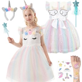 corimori Comfortable Unicorn Dress for Girls with Wings, Headband, Glitter Wand and Tattoos, Unicorn Costume Children's Unicorn Mia, Rainbow 122/128