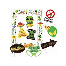 Alien Inflatable Photo Booth Selfie Frame & Photo Props Set UFO Photobooth Selfie Props Alien Birthday Party Decorations UFO Alien Themed Party Supplies for Girls Boys Birthday Baby Shower