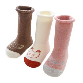 AOIREMON Cute Baby Socks, Thick, Set of 3 Pairs in Different Colors, Thermal, Cold Protection, Baby Socks, Newborn, Baby Shower, Kids Socks, Anti-Slip, Soft, 0-5 Years Old, 3 Pair Set B