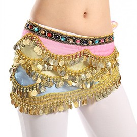 Belly Dance Hip Scarf Belt Women's Belly Dance Costume Hip Scarf with Coins Belt Skirts, rainbow