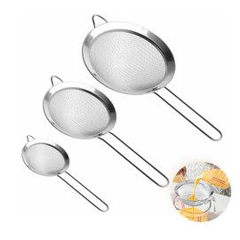 3-Piece Strainer Kitchen Colander Small Colander 304 Stainless Steel fine mesh Kitchen Suitable for Cooking in Three Sizes 8/10/12cm, Drain Pasta Quinoa Sugar Powder Vegetable Fruit Tea