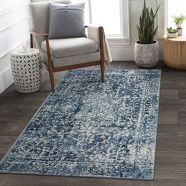Morebes Vintage Area Rug 3x5, Washable Entry Rug Traditional Medallion Laundry Bedroom Mat,Non-Slip Non-Shedding Bathroom Accent Carpet for Entrance Living Room Office Rv,Deep Blue