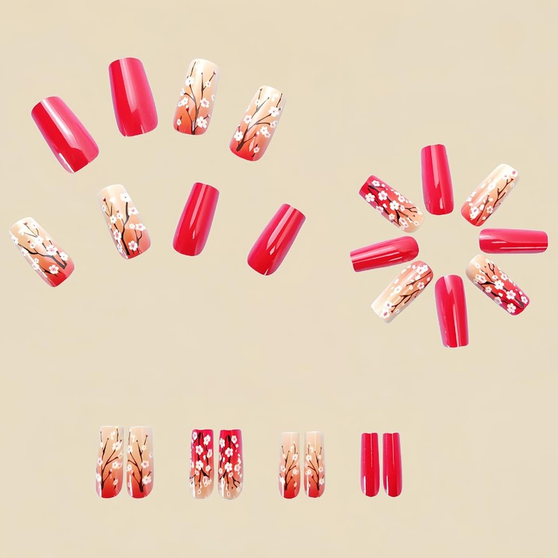 24Pcs Medium Press on Nails Square Fake Nails Red Full