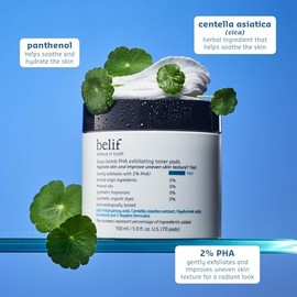 belif PHA - Almohadillas de tóner 2% – Esmalte facial exfoliante suave para el cuidado de los poros, hidratante y calmante con pantenol y cica, ideal 