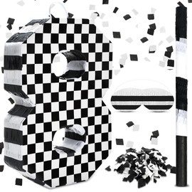 Lewtemi Race Car Number Piñata Small Checkered Race Car Birthday Party Decoration Black and White Racing Piñata with Stick Confetti Eye Mask for Celebration 15.3 x 10.6 x 2.8 Inch(Number 8)