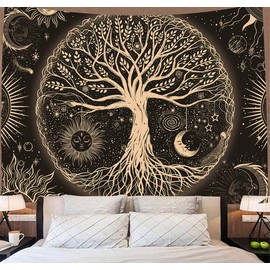 FORATER Tree of Life Tapestry Wall Hanging Sun Moon Stars Tapestries Aesthetic Galaxy Wall Tapestry Nature Home Decoration for Living Room Bedroom(61 x 82 Inch, Black and Gold)