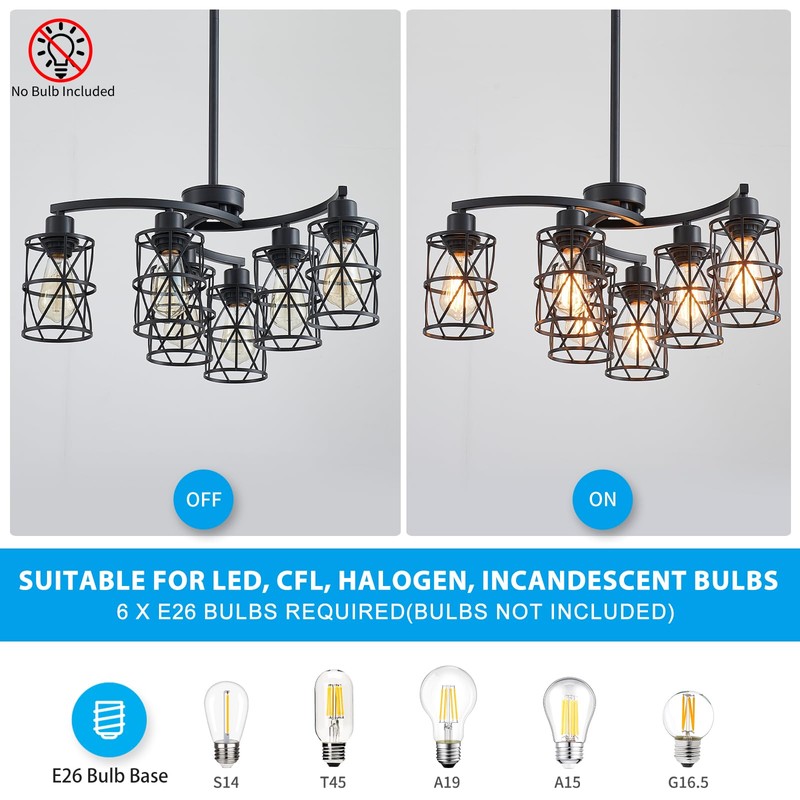XINGQI Modern Black Chandelier 6-Light Pendant Lighting Fixture with Metal