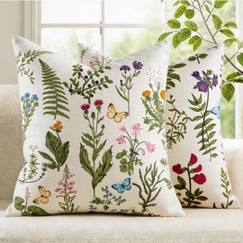 Spring Vintage Floral Pillow Covers 18x18 Set of 2, Sage Green Wild Flowers Plant Outdoor Decorations Throw Pillows Case，Summer Rustic Botanical Print Pillow Cover for Farmhouse Sofa Couch Bed Decor