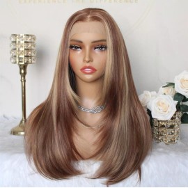 Brown Blonde Ombre Wig HD Front Lace Human Hair Blend Highlights  Wavy Curly