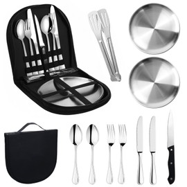 Camping Crockery Set for 2 People, 12-Piece Cutlery Set with Stainless Steel Forks, Portable Bars, Camping Cutlery Made of Stainless Steel, Picnic Set, Outdoor Tableware for Camping, Picnic, Travel