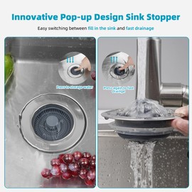 Hibbent 2 Pack 3 in 1 Kitchen Sink Drain Strainer, Stainless Steel Wrapped Shell Drain Stopper Combo, Pop Up Sink Stopper, Anti-Clogging Basket Strainer with Handle for US Standard 3-1/2" Drain