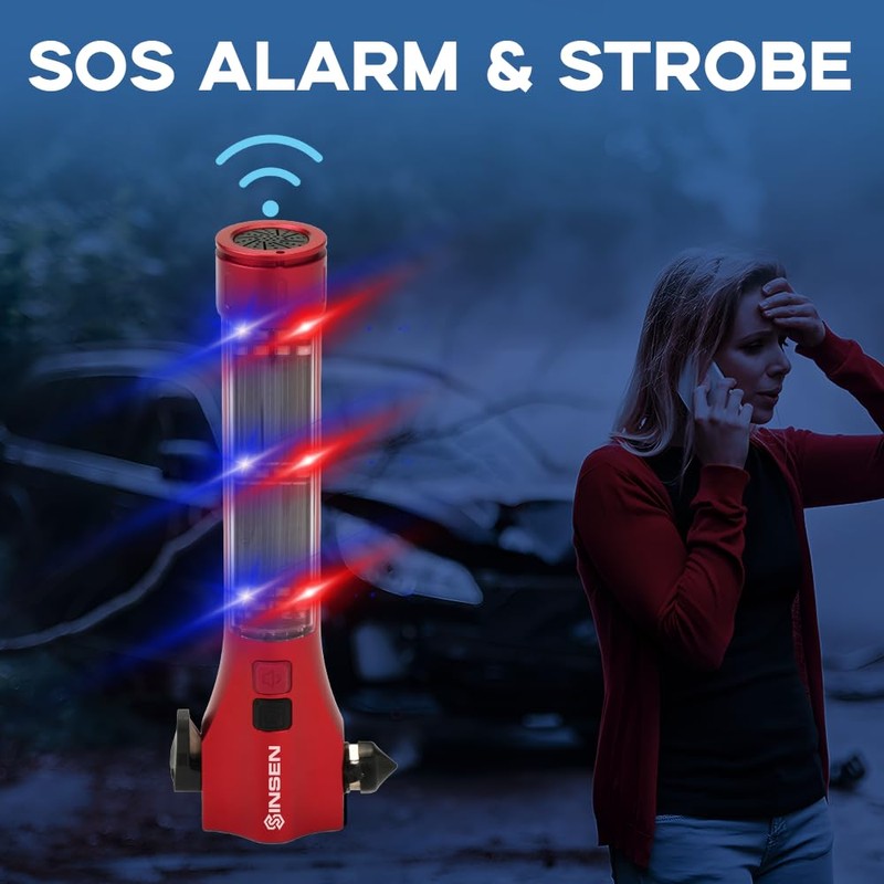 SINSEN Emergency Flashlight for Car, Seatbelt Cutter Window Breaker, 16-in-1