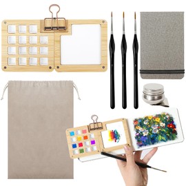 TKNOUS Mini Paint Palette Travel Portable Kit, Pocket Artist Watercolor Travel Set with Wooden Paint Box Book Brushes Binder Clips Drawstring Bag Art Oil Pot for Painters Artists Students