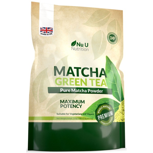 Matcha Green Tea Powder - 250g Double Size Pouch - 100 Servings - Vegan & Vegetarian - Culinary Grade - For Smoothies, Drinks & Baking