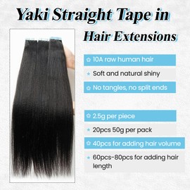 Natural Tape ins for Black Women Human Hair Yaki Straight Tape in Extensions Human Hair #1B Natural Black Seamless Invisible Light Yaki Real Remy Extensions 12 Inch 50G 2PCS