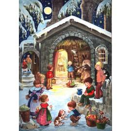 Nostalgischer Adventskalender / Weihnachtskalender für Kinder und Erwachsene mit Bildern und Glimmer "Am Stall"