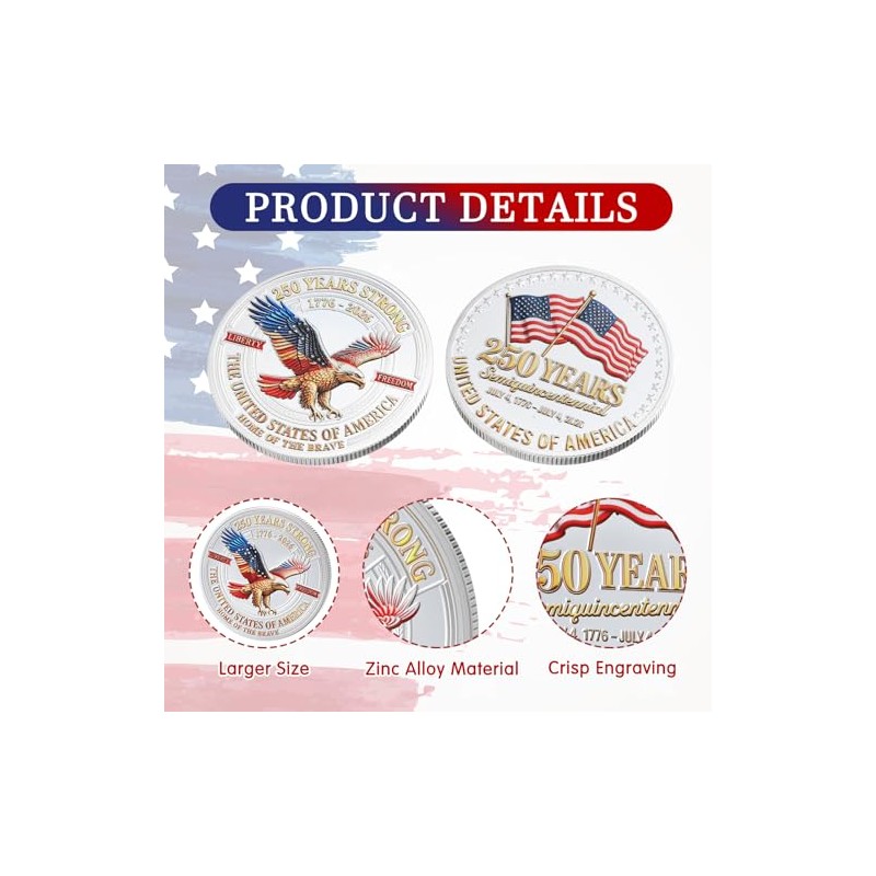 20 Pcs 250th Anniversary Commemorative Coins US 1776–2026 Token Display