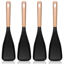 cobee 4PCS 12 Inch Silicone Cooking Spoon for Nonstick Cookwares, Multi Function Spoon Multifunction Spatula Spoons Wood Handle Spoons Multifunction Kitchen Utensils for Serving Mixing Scoop Scrape