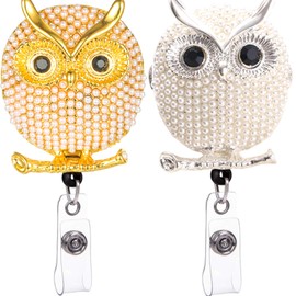 Cute Owl Retractable Badge Reel Rhinestone Badge Holder Retractable Clip Cute Diamond Glitter Nursing Student Name Holders 2 Pack