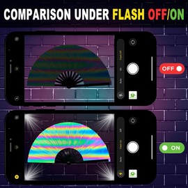 OMyTea Reflective Rave Hand Fan Foldable for Women/Men/Drag Queen - Large Clack Festival Folding Hand Fan - for EDM, Music Festival, Event, Party, Dance, Performance (Holographic)