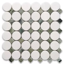 Stone Center Online T93B2XP Thassos White Marble Round Mosaic Tile Sagano Vibrant Green Dots