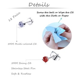 Tornito 20G 18 Pairs Stainless Steel Multicolor CZ Stud Earrings Set Piercing Cartilage Helix Earrings Set Screwback for Women 3MM-5MM