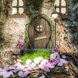 Relaxdays Fairy Door, 4-Piece Set, 2 Gnome Windows, 1 Gnome Light, Weatherproof Garden Decoration, Gnome Door, Artificial Stone, Colourful
