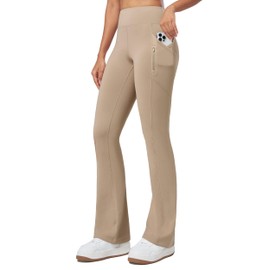 Willit Women's Fleece Lined Pants Thermal Leggings Winter Bootcut Yoga Pants Zipper Pockets Flare High Waist Water Resistant 29'' Khaki XL