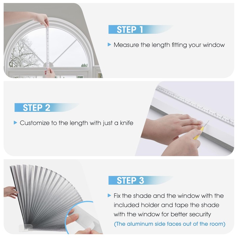 Arch Window Light Fully Blocking Pleated Shade Blinds for semi-Circle