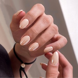 Glazed Gold Chrome Press on Nails Short Almond Nails Press ons Metallic Nails Glue on,Acrylic Nails Fake Nails for Women,Thick Shinny Glazed False Nails Glue on Nails Short Oval Nails for Party 24Pcs