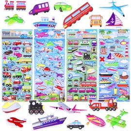 SHANGRLA Airplane Train Car Boat 3D Puffy Stickers for Toddlers Kids - Small Transportation Vehicle Foam Sticker Sheets for Boys Children - Reusable & Removable,4 Pack.