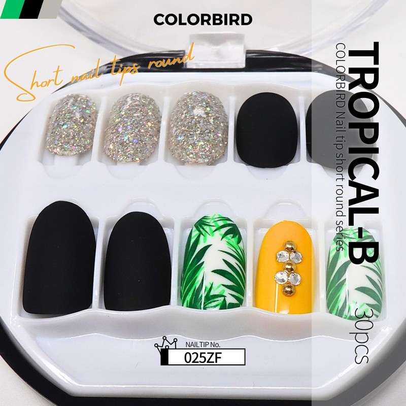 COLORBIRD NAILFAIRY (025ZF) Nail Tips, Short, Black, Green, Yellow, Cute,