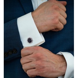 Jonwo Octagon Blue Goldstone Cufflinks for Men in Gift Box Silver Gold Plated Polyhedral Crystal Men Cufflinks for Wedding Shirt Party Anniversary Dress (Silver Tone Cufflinks)