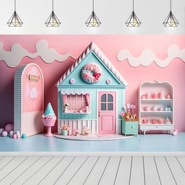 Pink Ice Cream Shop Candy House Background for Photoshoot Girl Birthday Party Decoration Children Happy First 1st Birthday Party Backdrop Summer Candy House Baby Shower Backdrop (7X5FT)